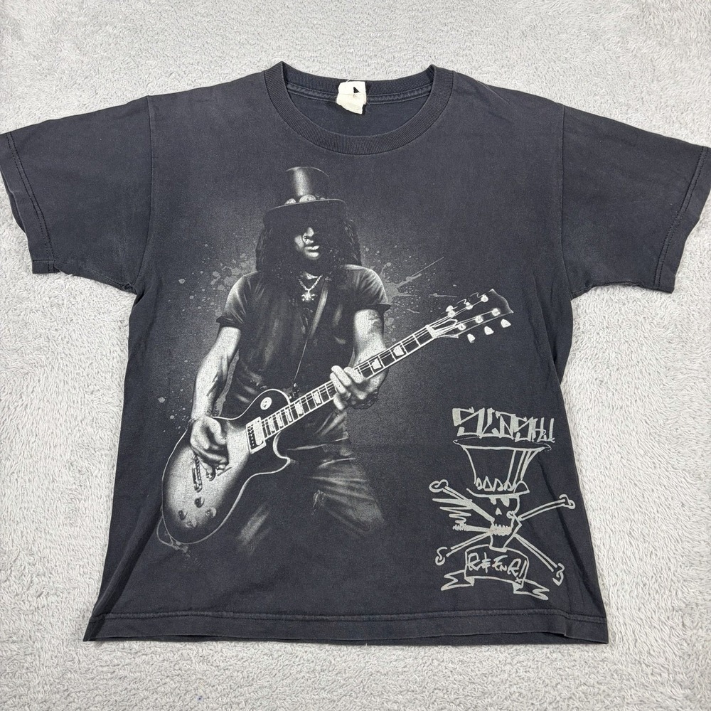 VINTAGE Slash Band Shirt Mens S Black Faded Guitar Graphic Guns n Roses Rock Y2K